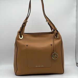 MICHAEL KORS WALSH AUTHENTIC SAFFIANO LEATHER SHOULDER TOTE BROWN/TAN.
